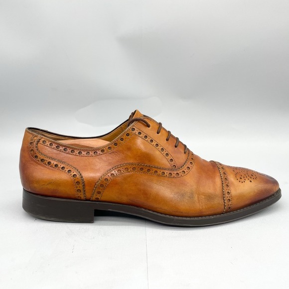 Magnanni Mens 11 M Oxford Shoes Brown Leather Brogue Wingtip Medallion Toe Derby - Picture 1 of 13